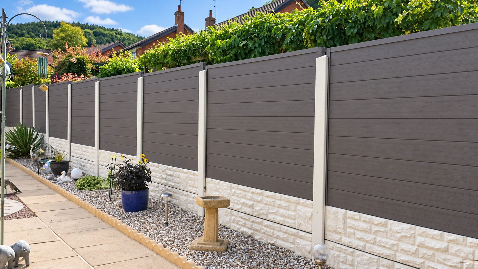 Grey composite-look boundary with pale posts and gravel boards beside a planted garden; supplied finish reference