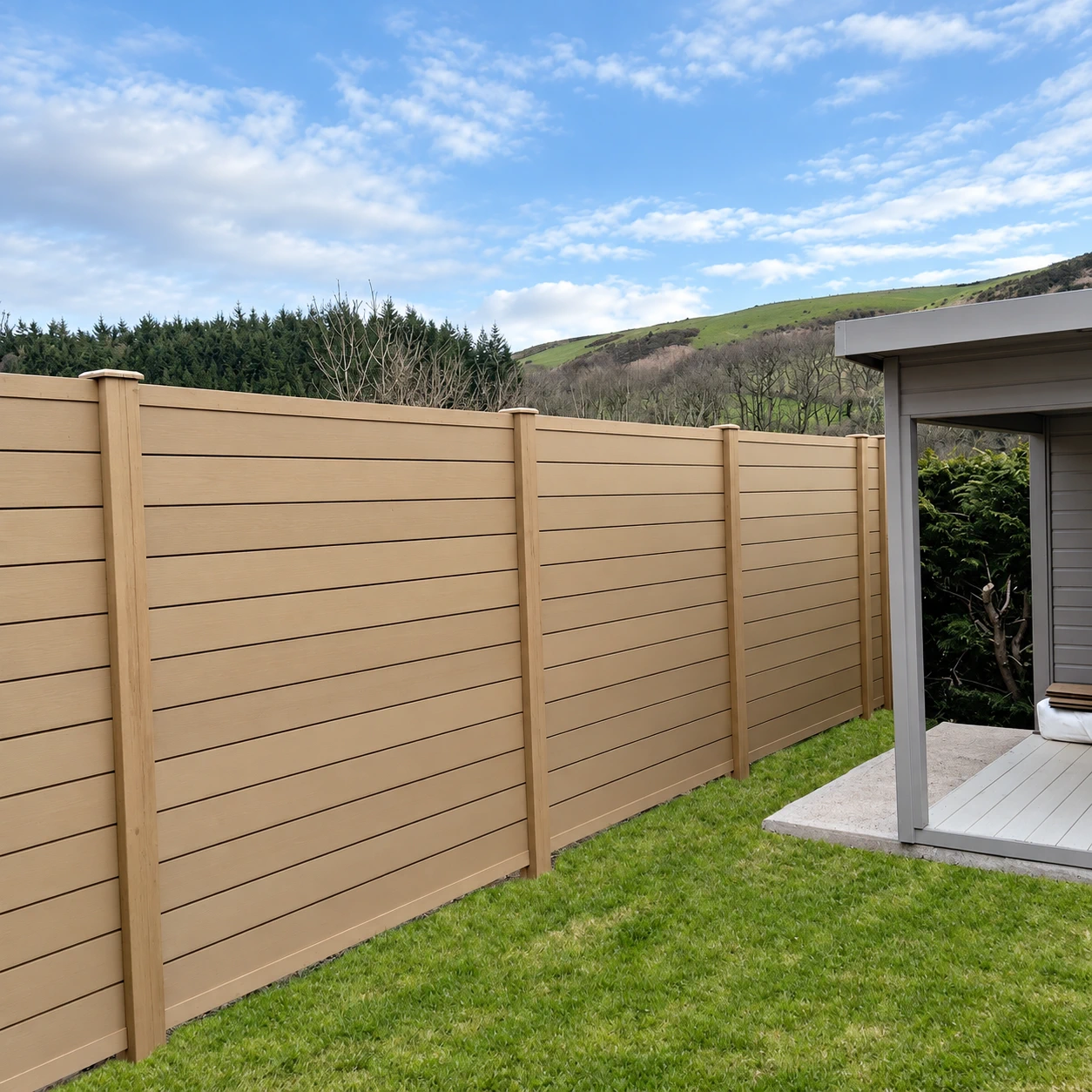 Warm tan composite-look boundary beside a lawn and garden room; supplied finish reference