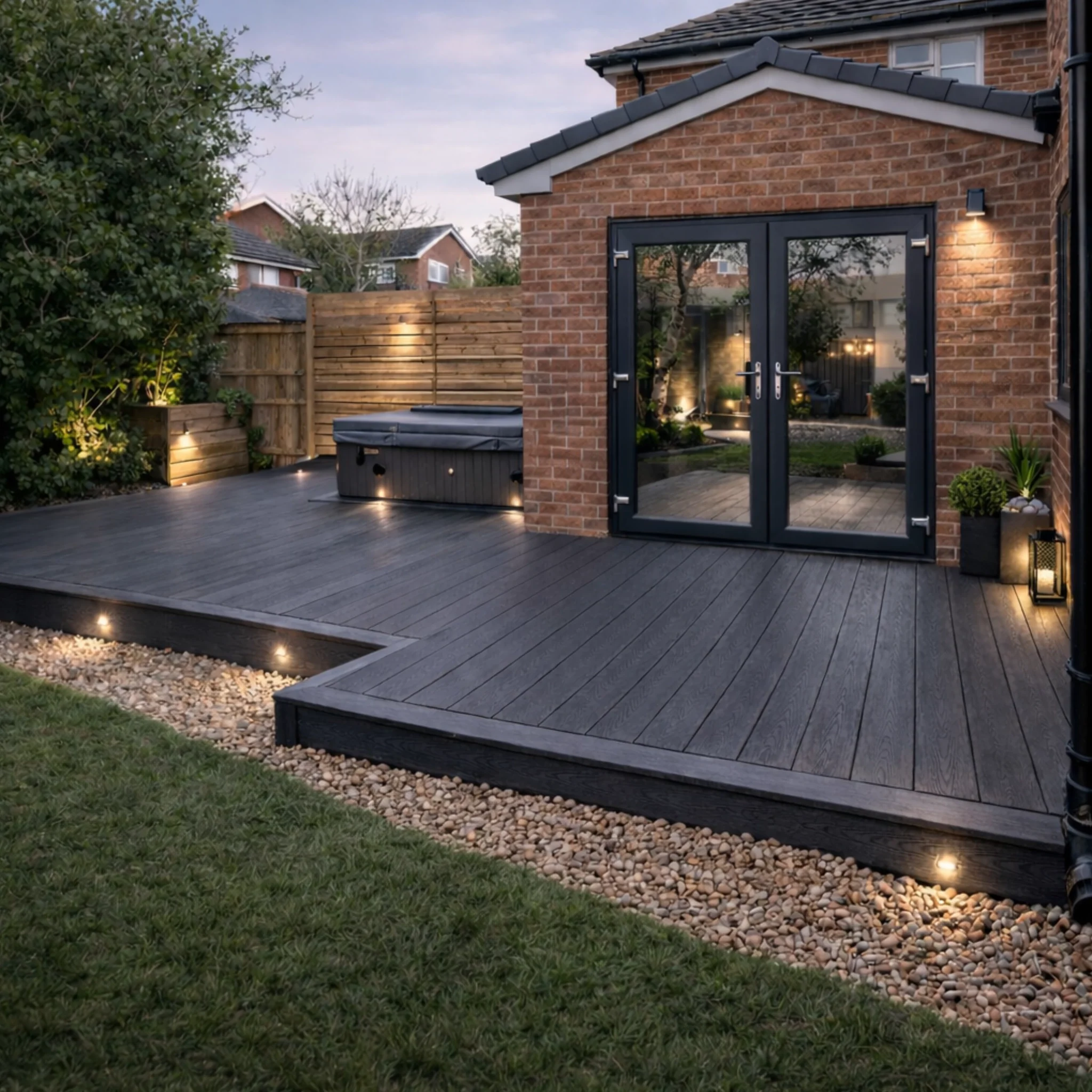 Dark composite decking with timber trim