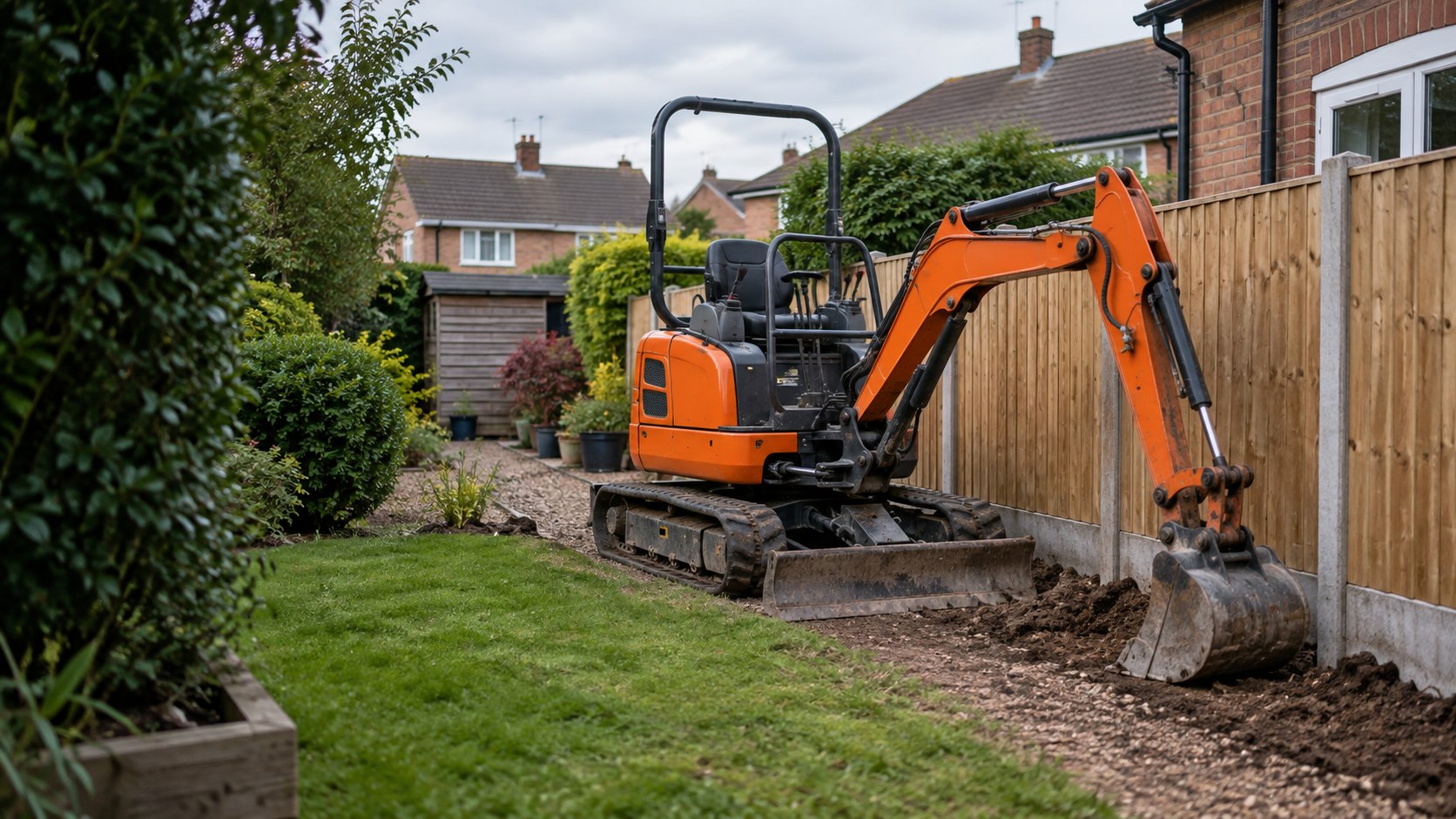 Illustrative equipment reference showing a compact orange mini excavator beside a residential garden boundary