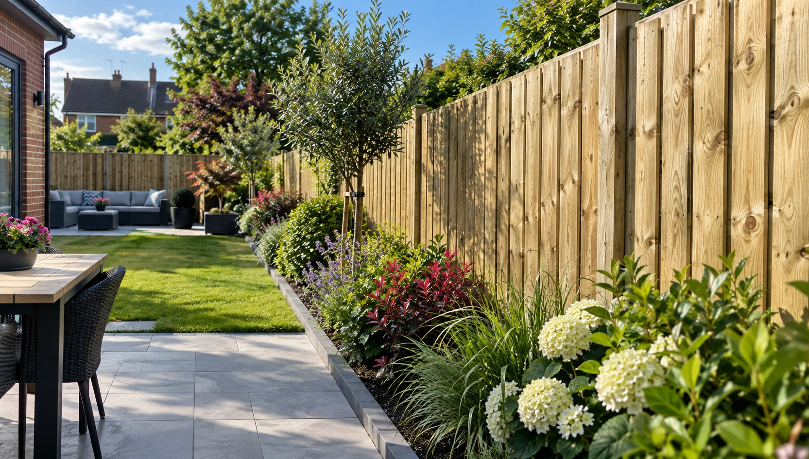 Timber closeboard fence beside planted borders and a paved patio; supplied project image