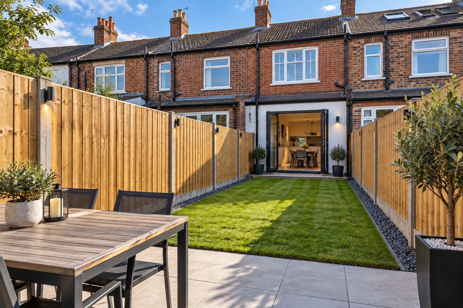Timber fence runs framing a lawn and paved patio at a brick home; owner-supplied garden visual, enhanced