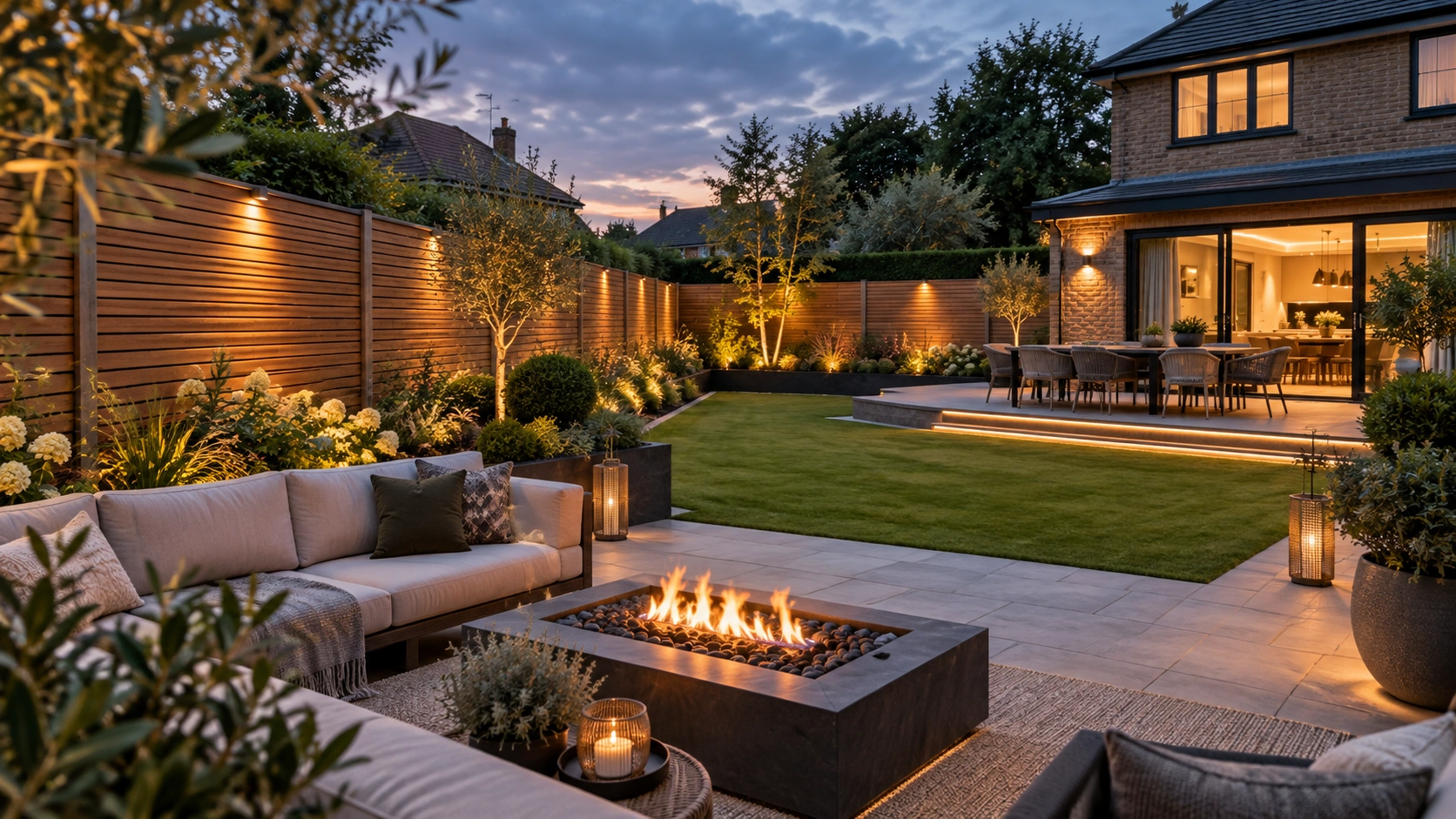 Warmly lit garden boundary at the end of the day