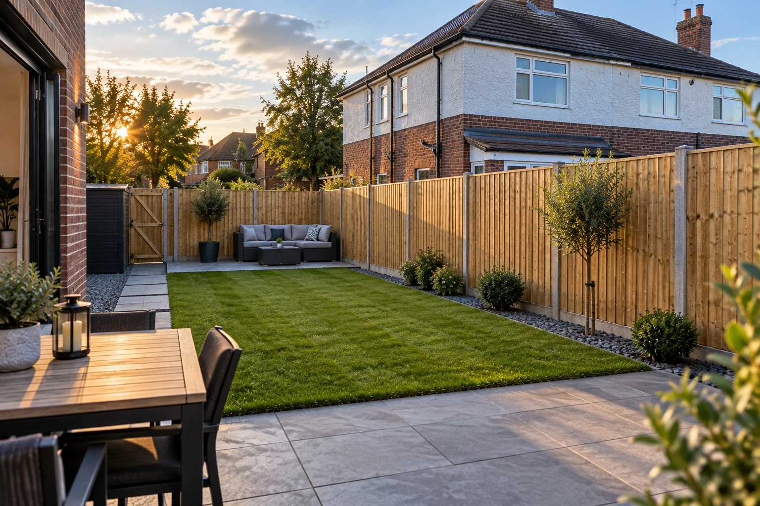 Warm timber boundary and matching gate beside a paved garden; supplied project image