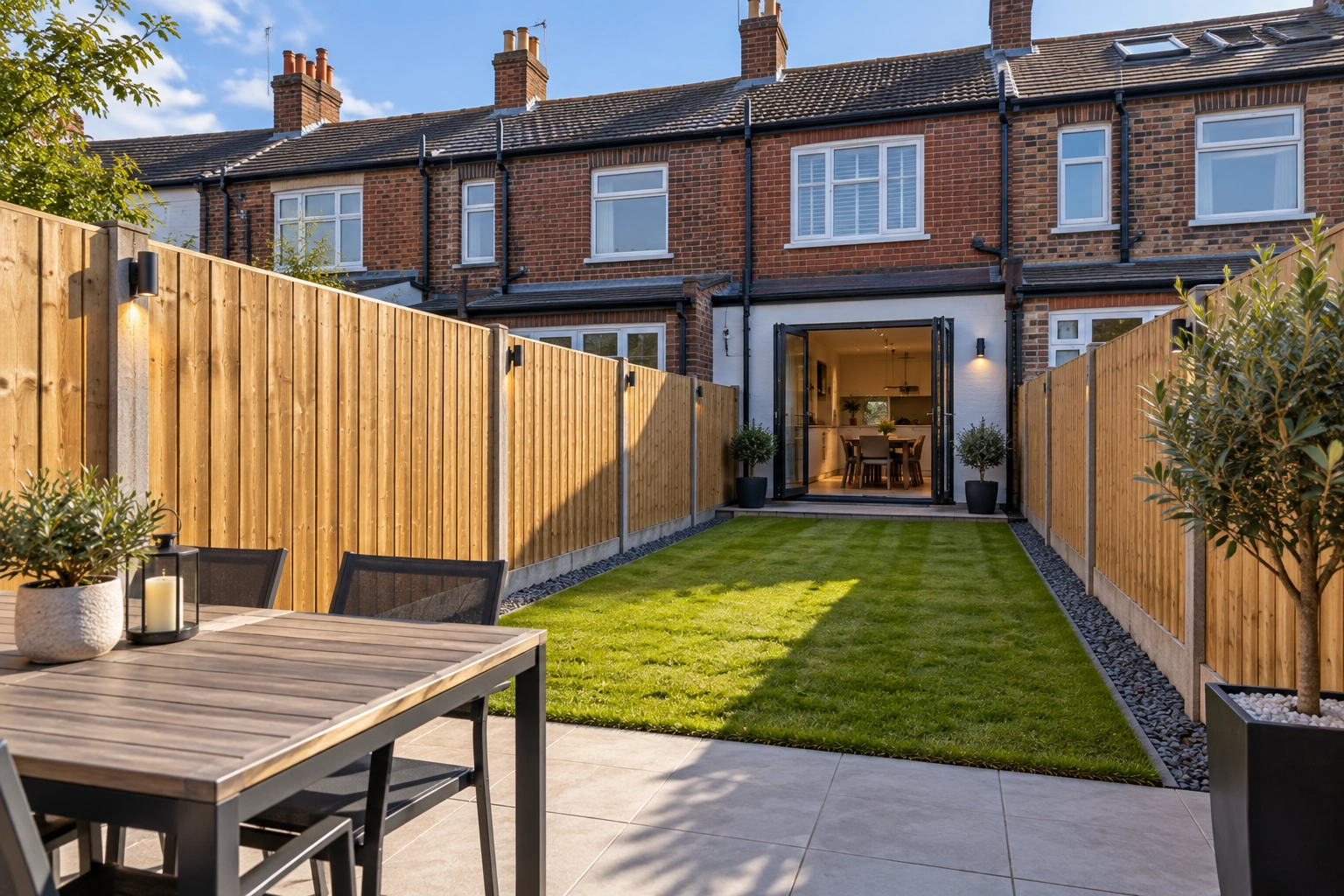 Timber fencing enclosing a neat lawn and patio in a residential garden; supplied finish reference